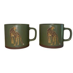 Set Of 2 Green Ceramic Cheetah Print Coffee Mugs - 3.5" Tall & 4" Diameter